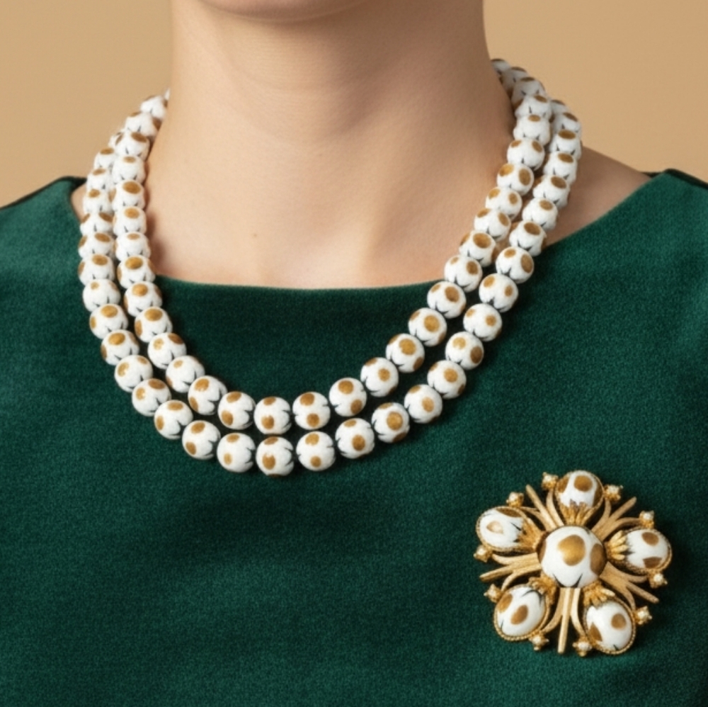 Vintage 60s Cathe' Signed White Milkglass Enameled Goldtone Necklace Brooch Set